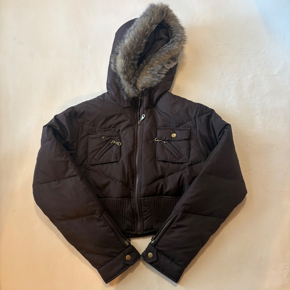 No Boundaries Juniors Medium Brown Faux Fur Hooded Down Puffer Jacket Y2K Bomber